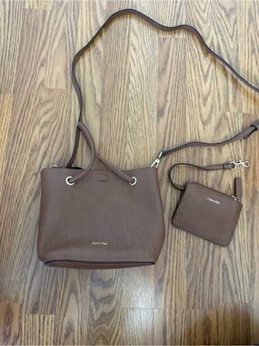 Calvin Klein Gabrianna Bubble Lamb Mini Tote Crossbody and Wristlet, Brown/ Red